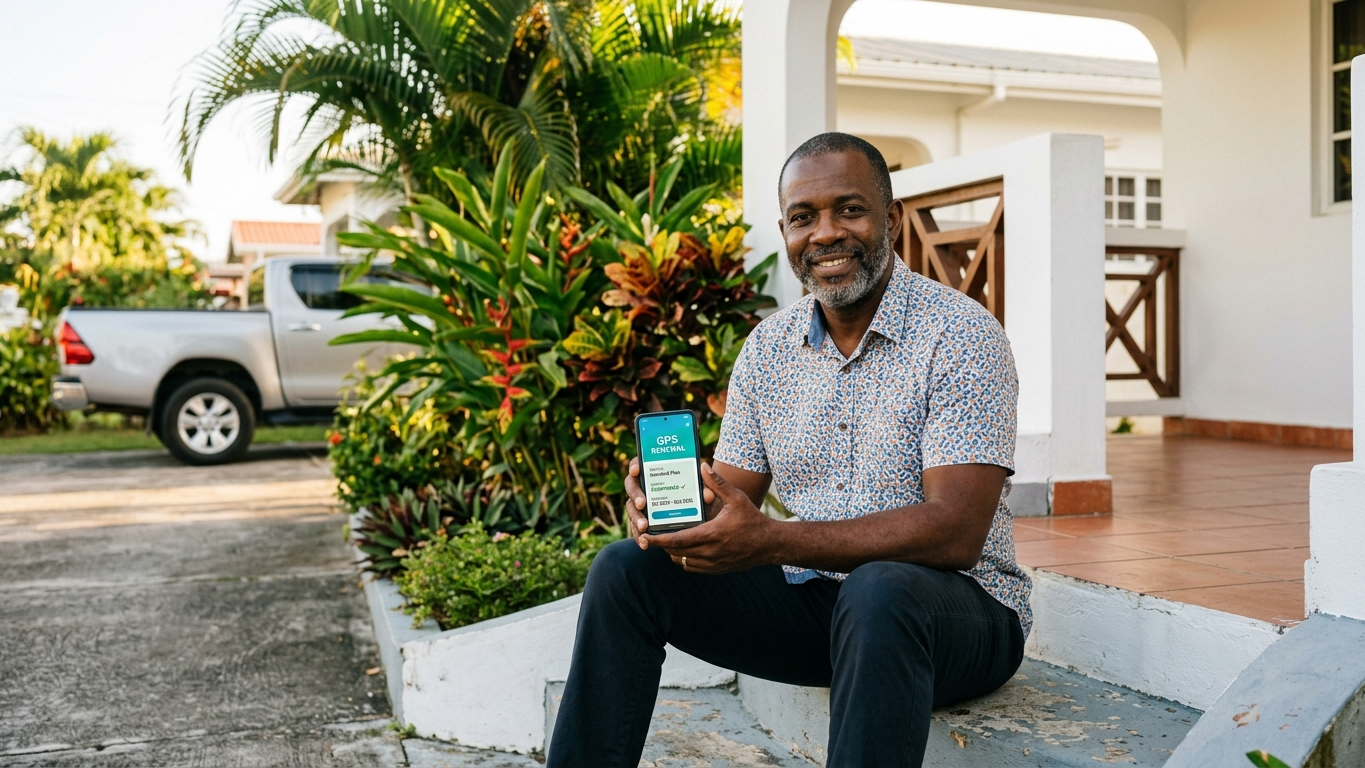A T&T man sits on the front step of his Caribbean home smiling at his phone showing a GPS app, pickup truck and tropical garden behind him