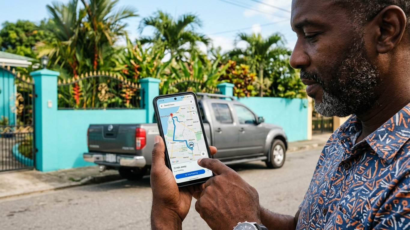 A T&T man examines his phone showing a GPS tracking map outside a teal wall and wrought-iron gate, tropical foliage and pickup truck behind him
