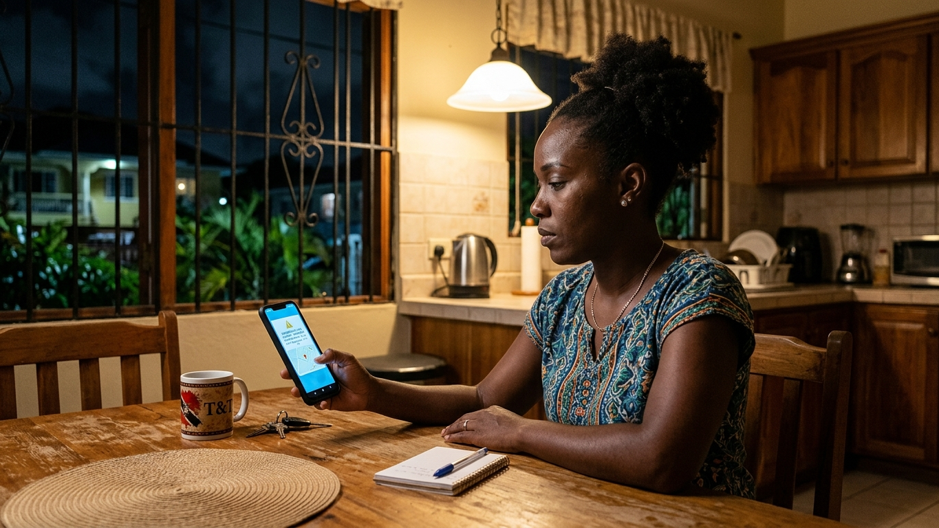 A T&T woman at her kitchen table at night, focused on her phone showing a GPS theft alert notification, warm light overhead