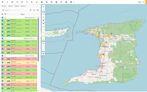 Live map of Trinidad with vehicle clusters, and the vehicle list grouped by team with speeds