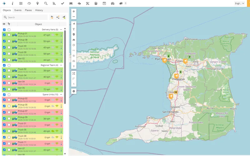 The fleet platform: a live map of Trinidad with the vehicle list